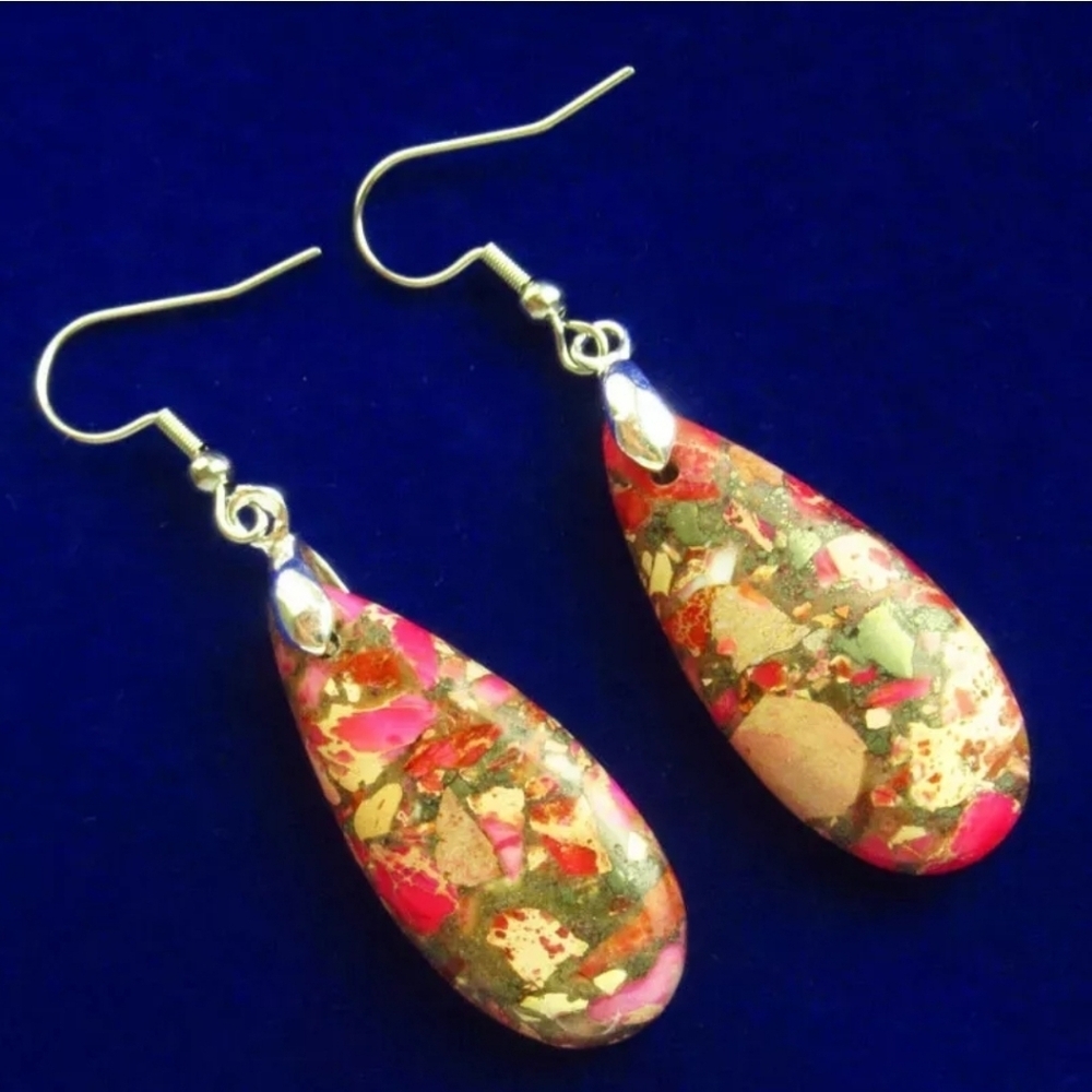 Ruby Orange Sea Sediment Jasper Pyrite Teardrop Pendant Earrings Gemstone - Picture 5 of 5